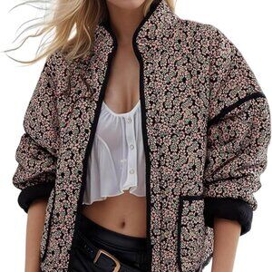 Women's Cropped Puffer Quilted Jacket Vintage Green Floral Print